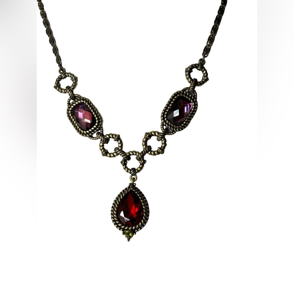 2028 Jewelry Red Purple Color Teardrop Pendant Rhinestone Necklace 18" - Picture 2 of 6